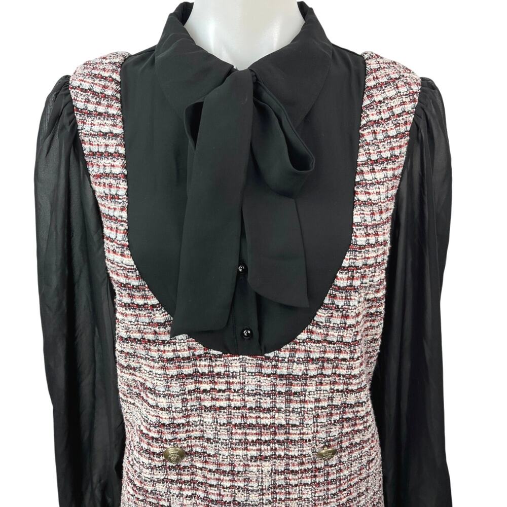 Julia Jordan Black Multicolor Tweed Bow Tie Pinafore Sleeves Mini Shirt Dress 8 - Picture 5 of 8